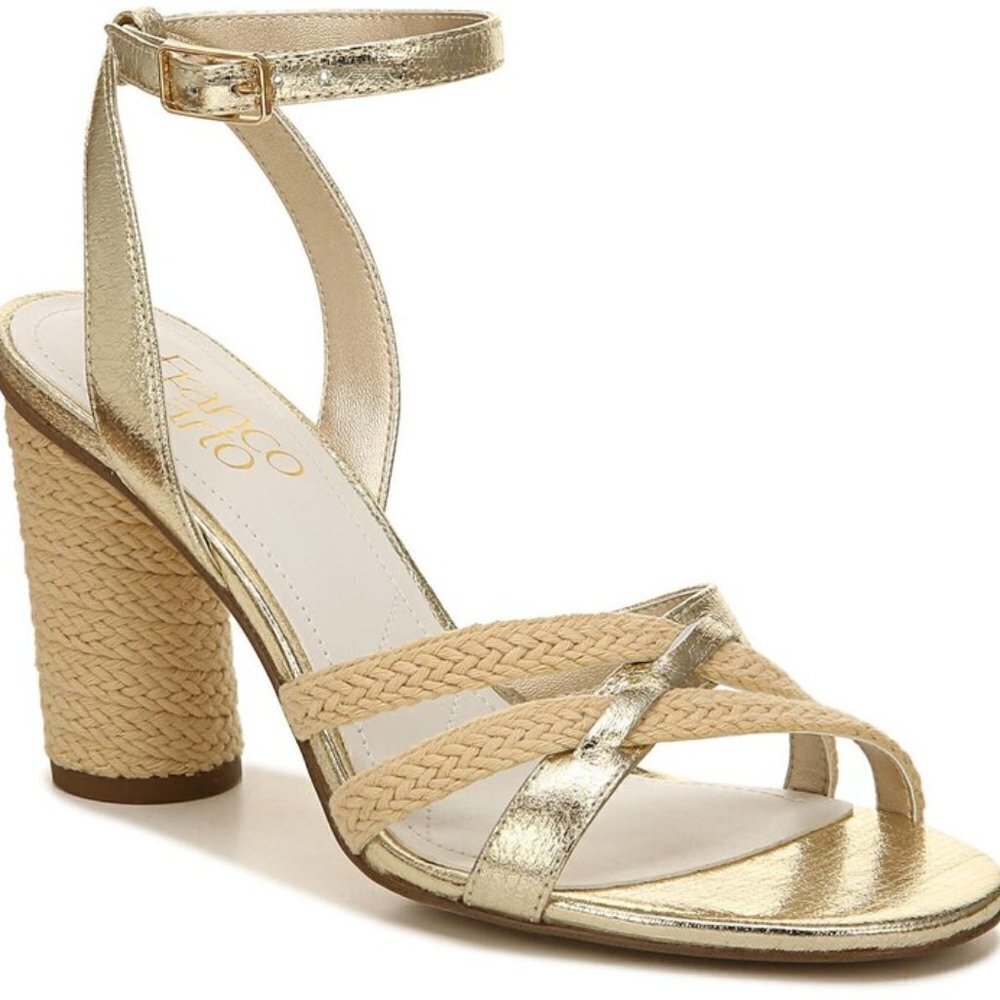 Franco‎ Sarto Olina Wicker Block Heel Ankle Strap Sandal-Color Natural/Gold